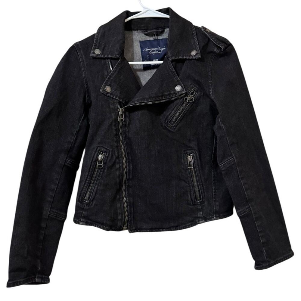 American Eagle Black Denim Moto Jacket Size Medium Grunge Asymmetrical Zip City